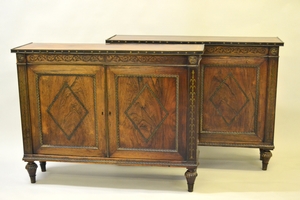 Pair of Regency rosewood and cut brass inlaid two door side cabinets